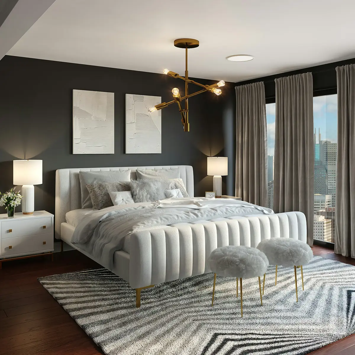 A bedroom with a velvet headboard and brass pendant